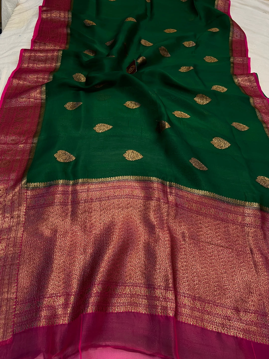 Bottle Green Pure Kora Silk Handloom Banarasi Saree