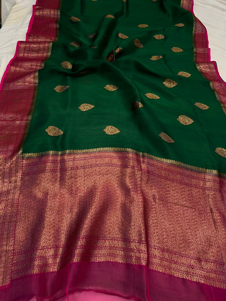 Bottle Green Pure Kora Silk Handloom Banarasi Saree