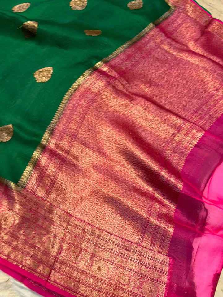 Bottle Green Pure Kora Silk Handloom Banarasi Saree
