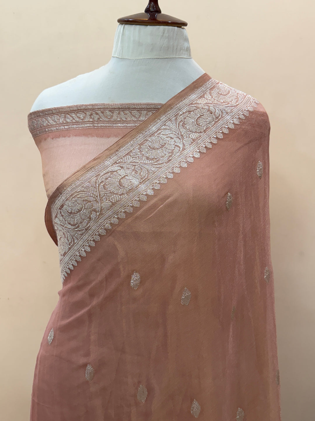 Pre Order :: Peach Pure Chiffon Tissue Silk Banarasi Saree