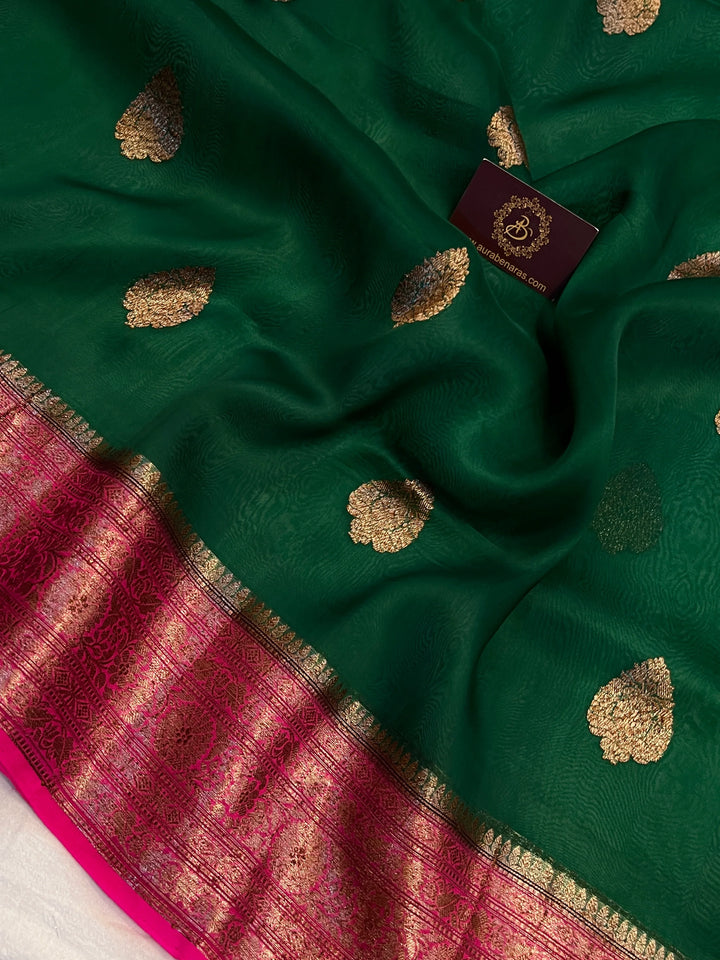 Bottle Green Pure Kora Silk Handloom Banarasi Saree