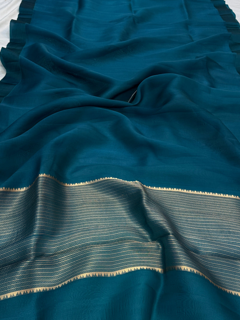 Teal Blue Pure Kora Silk Handloom Banarasi Saree