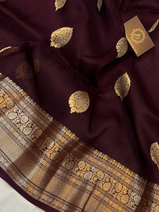 Brown Banarasi Handloom Kora Silk Saree - Aura Benaras