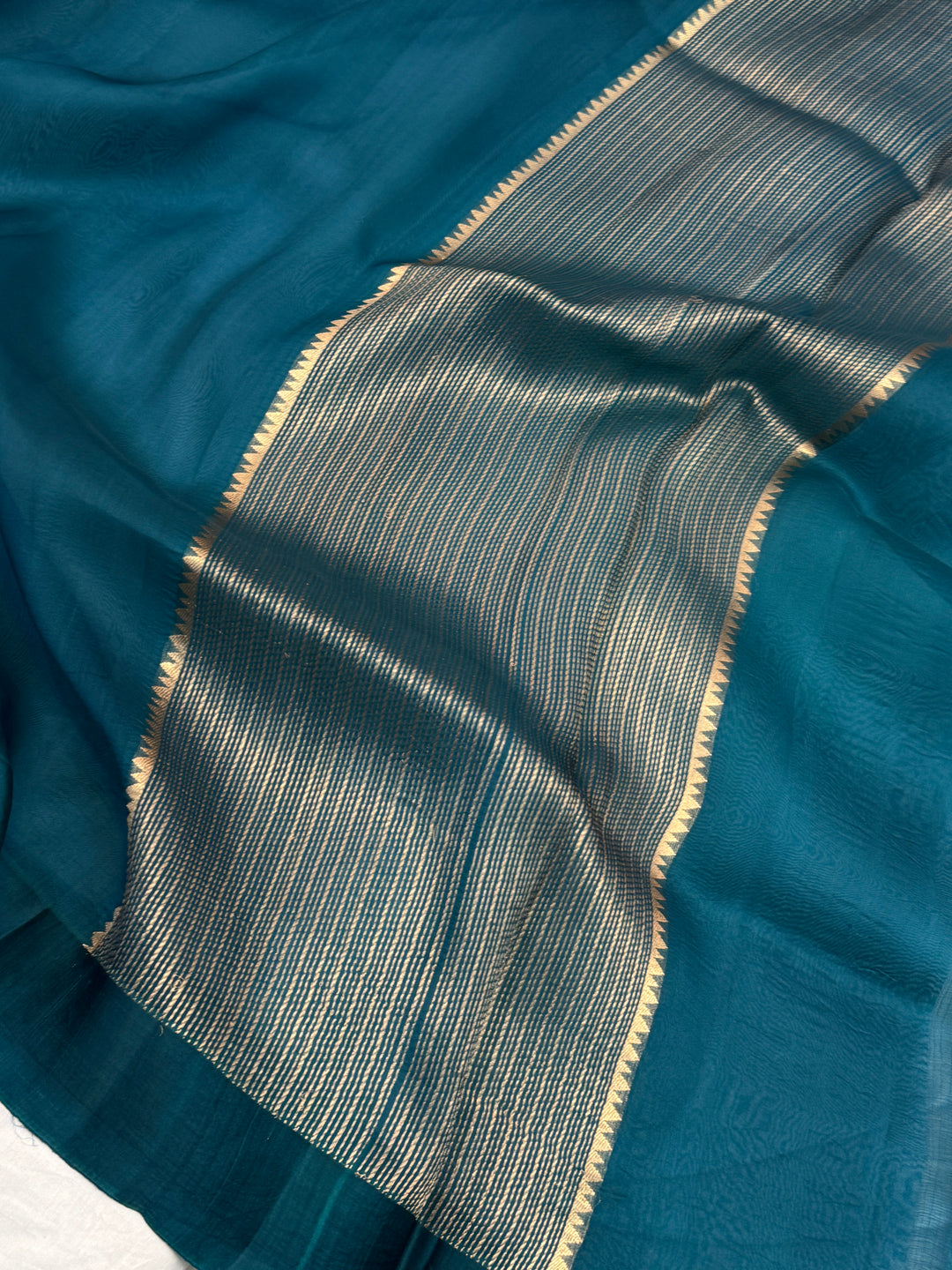 Teal Blue Pure Kora Silk Handloom Banarasi Saree