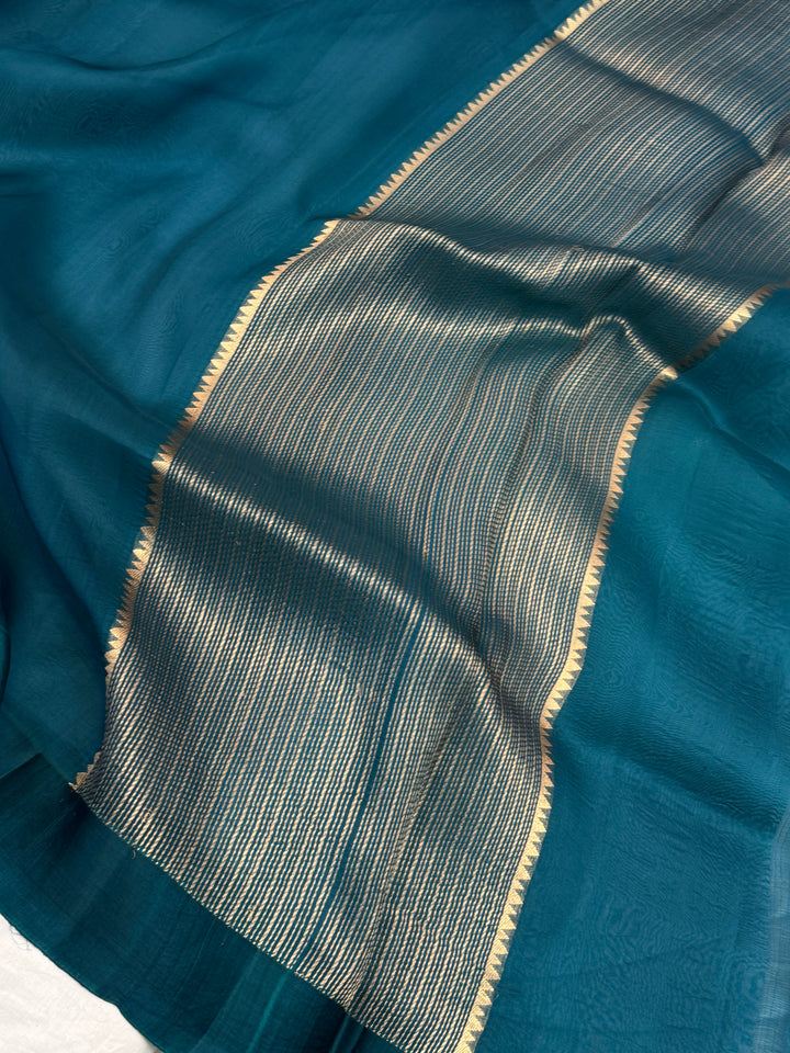 Teal Blue Pure Kora Silk Handloom Banarasi Saree