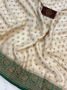 Beige Pure Banarasi Khaddi Crepe Silk Saree - Aura Benaras