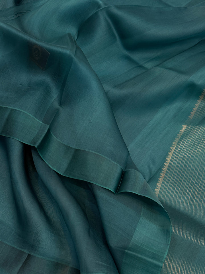 Teal Blue Pure Kora Silk Handloom Banarasi Saree
