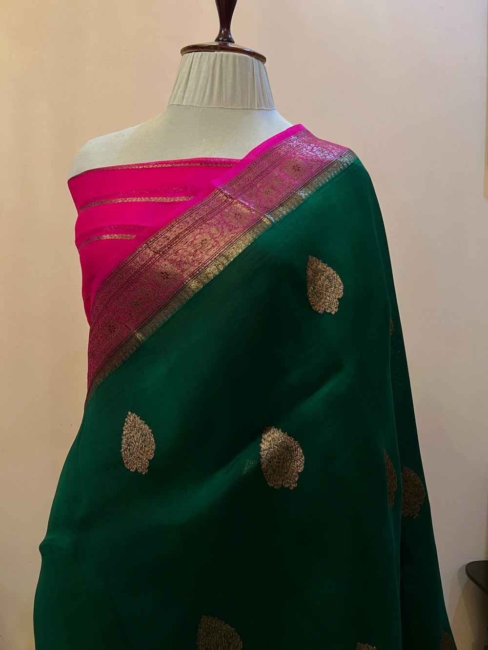 Bottle Green Pure Kora Silk Handloom Banarasi Saree
