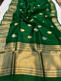 Dark Green Banarasi Handloom Kora Silk Saree - Aura Benaras