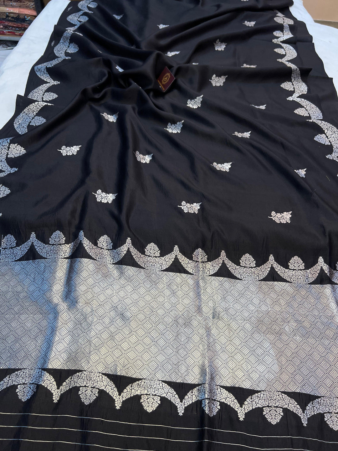 Black Pure Silk Banarasi Saree with Kadhwa Butas & Scallop Border