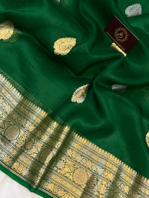 Dark Green Banarasi Handloom Kora Silk Saree - Aura Benaras