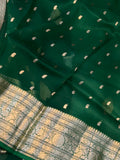 Dark Green Banarasi Handloom Kora Silk Saree - Aura Benaras