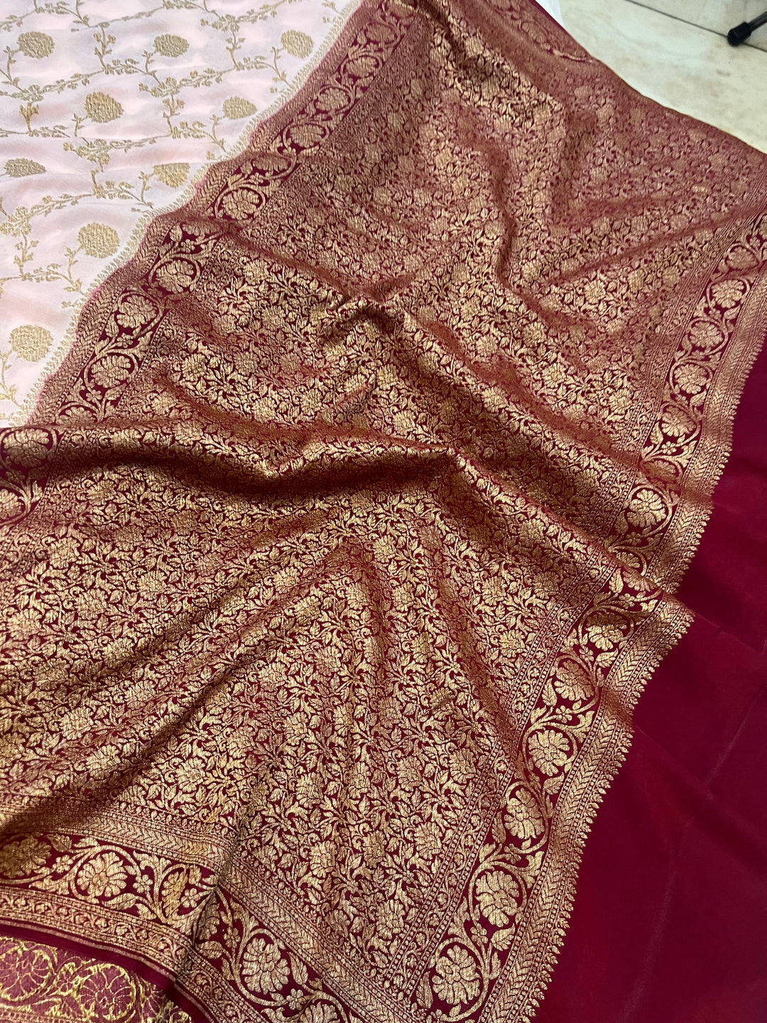 Pale Peach Pure Banarasi Khaddi Crepe Silk Saree - Aura Benaras