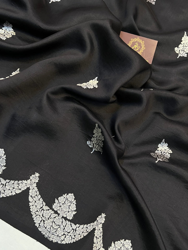Black Pure Silk Banarasi Saree with Kadhwa Butas & Scallop Border