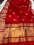 Red Banarasi Handloom Kora Silk Saree - Aura Benaras