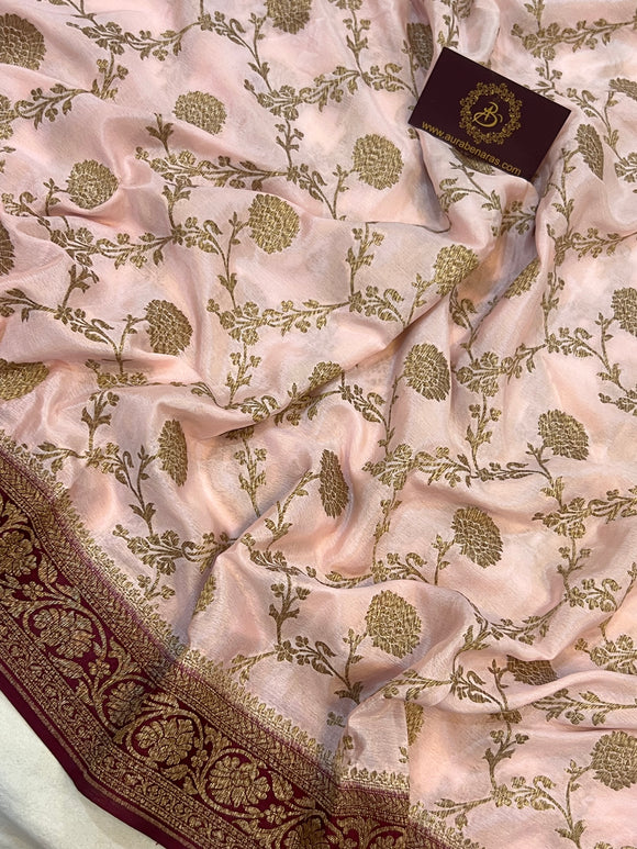 Pale Peach Pure Banarasi Khaddi Crepe Silk Saree - Aura Benaras