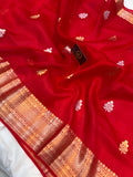 Red Banarasi Handloom Kora Silk Saree - Aura Benaras