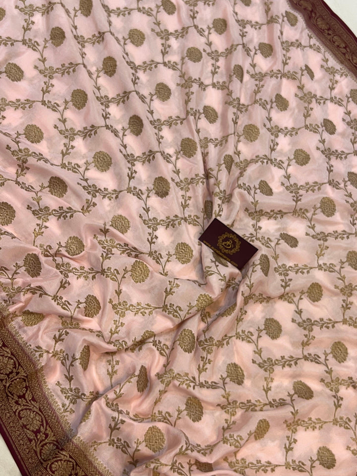 Pale Peach Pure Banarasi Khaddi Crepe Silk Saree - Aura Benaras
