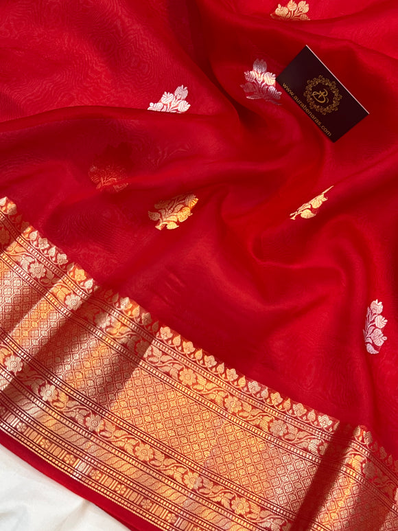 Red Banarasi Handloom Kora Silk Saree - Aura Benaras