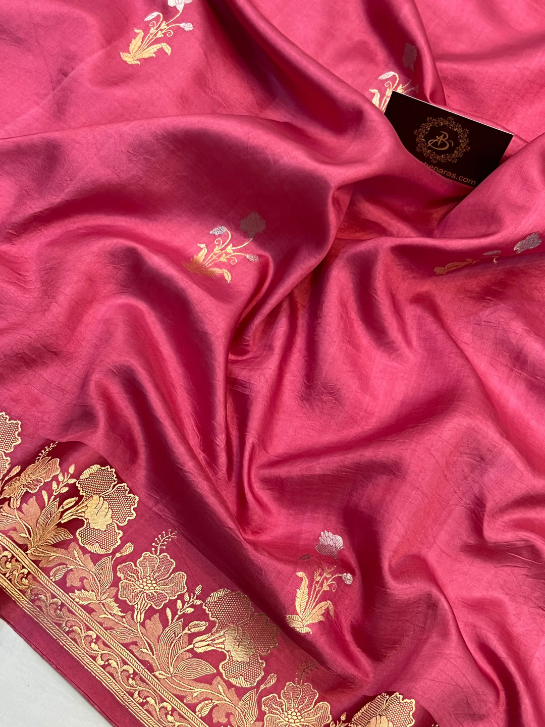 Onion Pink Pure silk handloom Banarasi saree with golden Kadhwa floral motifs