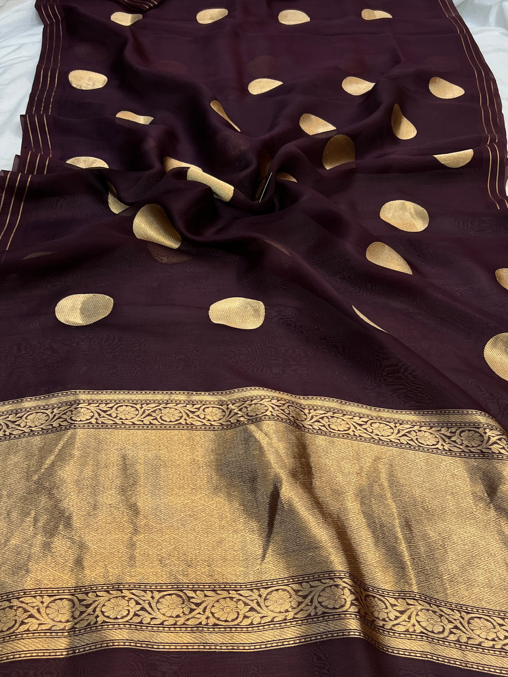 Brown Pure Banarasi Handloom Kora Silk Saree
