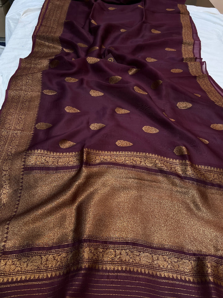 Brown Pure Kora Silk Handloom Banarasi Saree