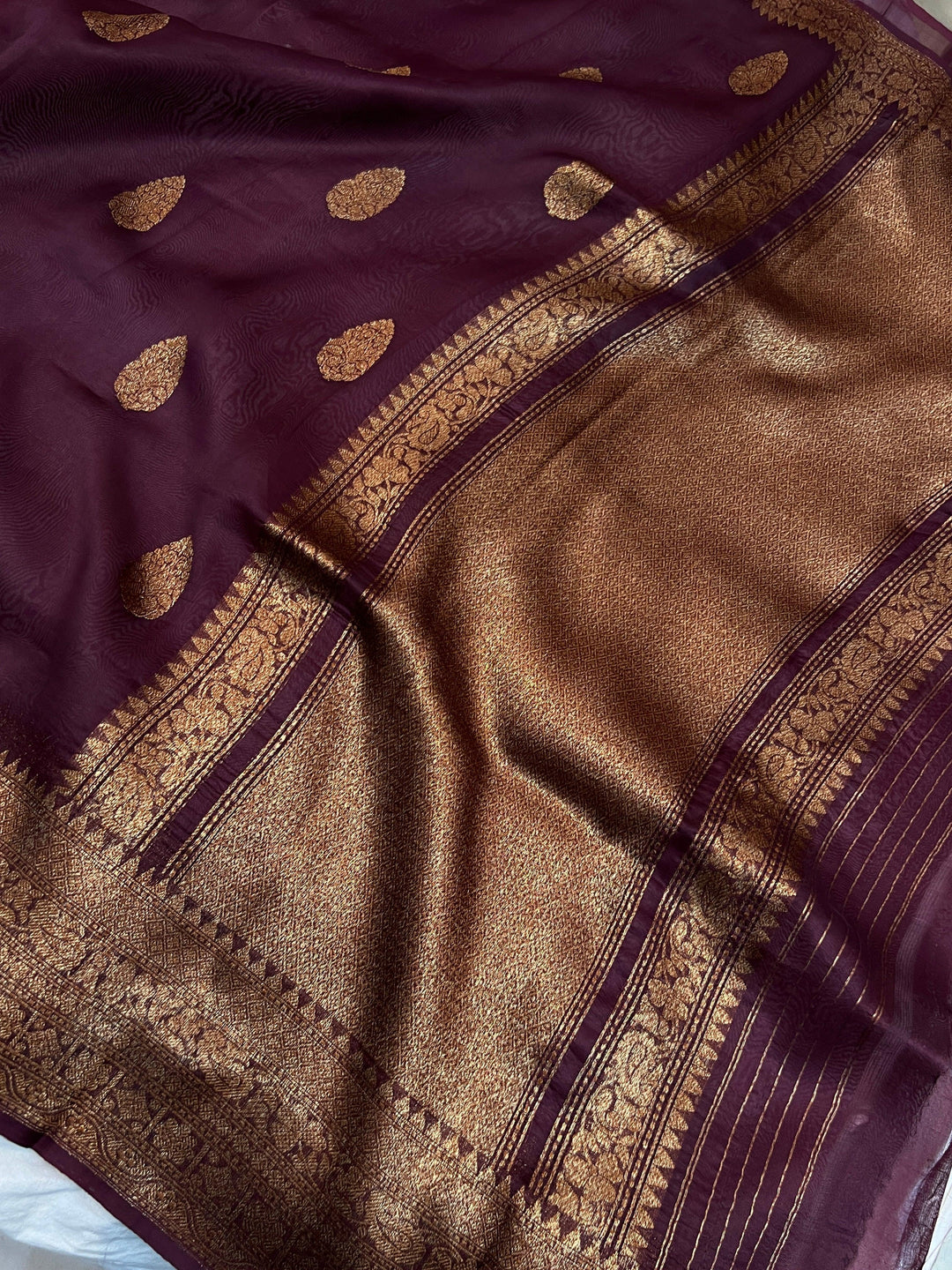 Brown Pure Kora Silk Handloom Banarasi Saree