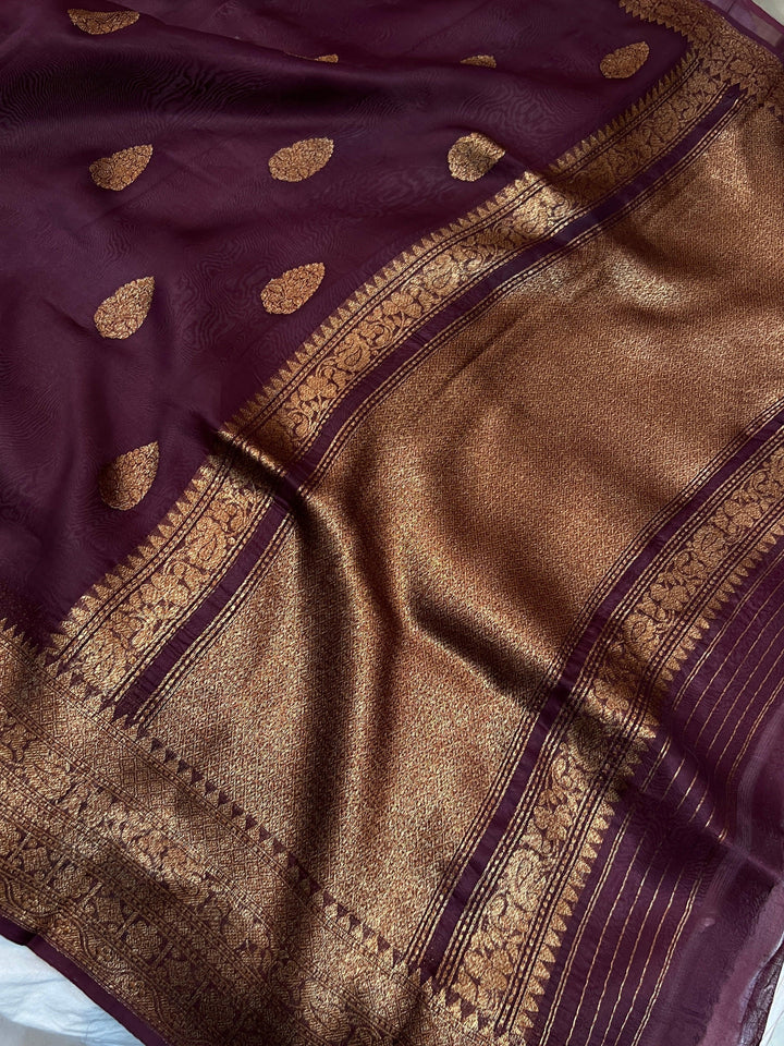 Brown Pure Kora Silk Handloom Banarasi Saree
