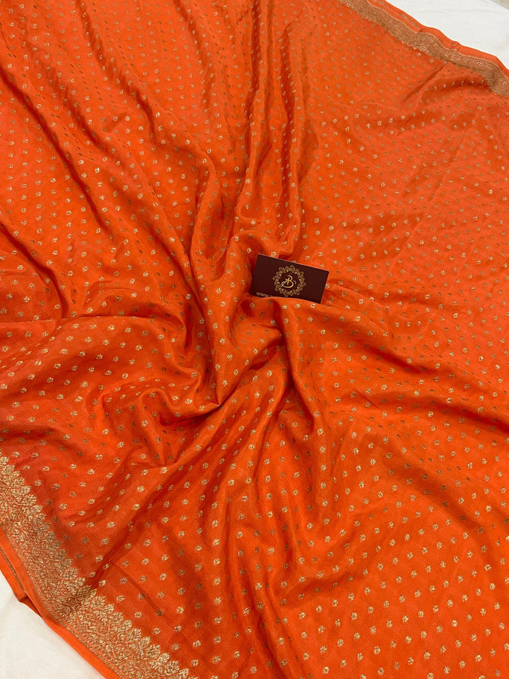 Orange Pure Banarasi Khaddi Crepe Silk Saree - Aura Benaras