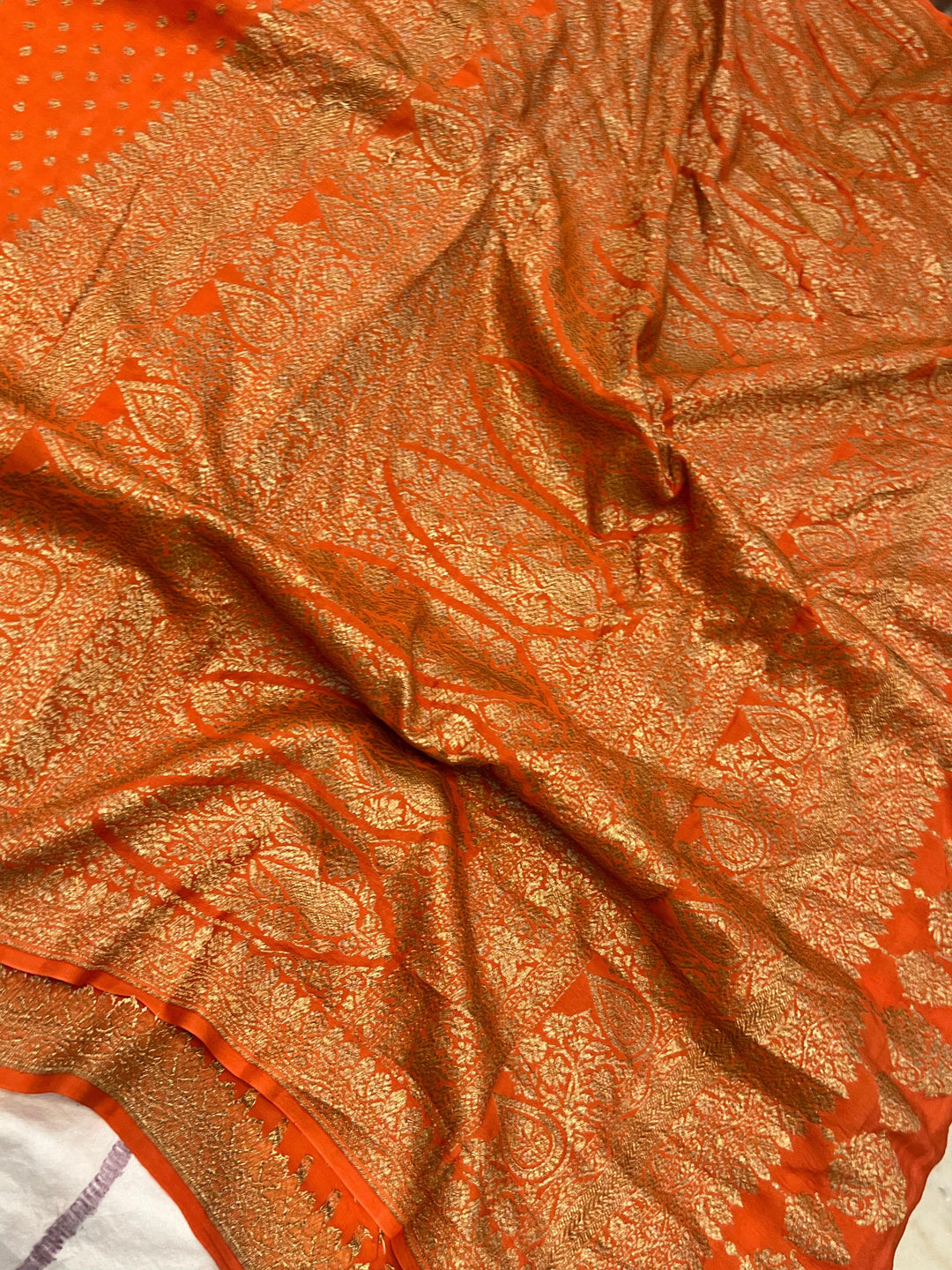 Orange Pure Banarasi Khaddi Crepe Silk Saree - Aura Benaras