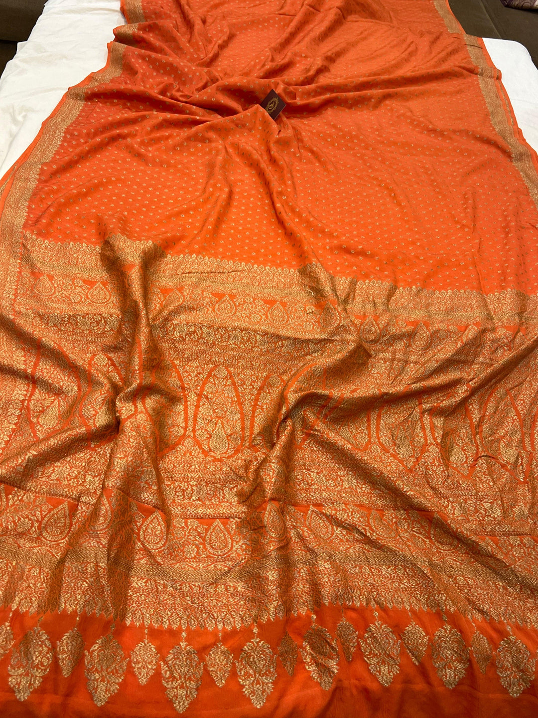 Orange Pure Banarasi Khaddi Crepe Silk Saree - Aura Benaras