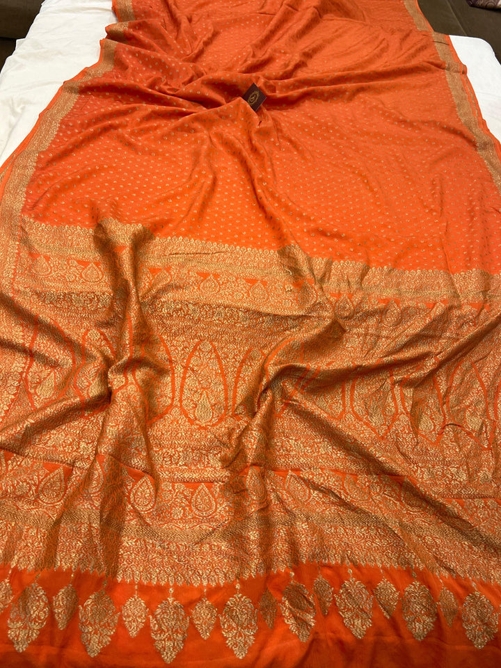 Orange Pure Banarasi Khaddi Crepe Silk Saree - Aura Benaras