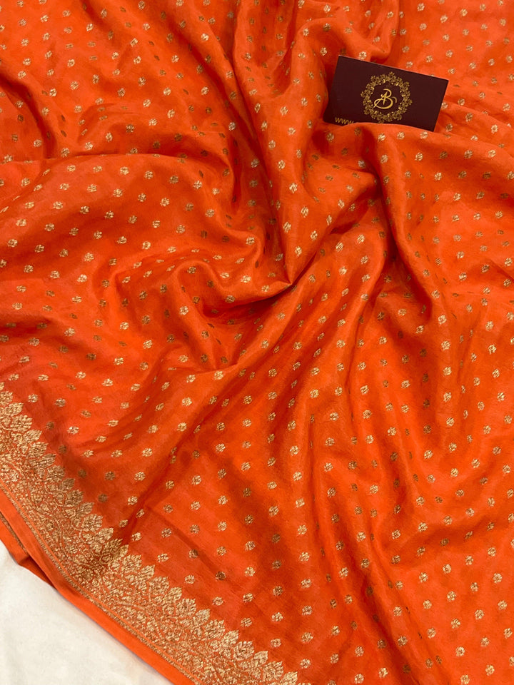 Orange Pure Banarasi Khaddi Crepe Silk Saree - Aura Benaras