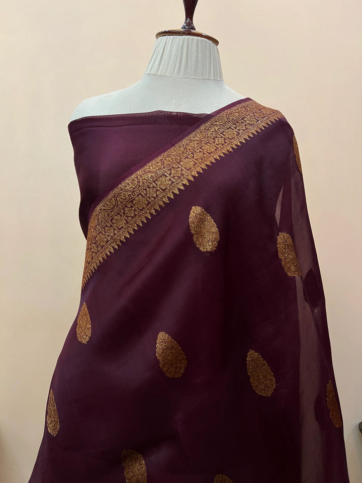 Brown Pure Kora Silk Handloom Banarasi Saree
