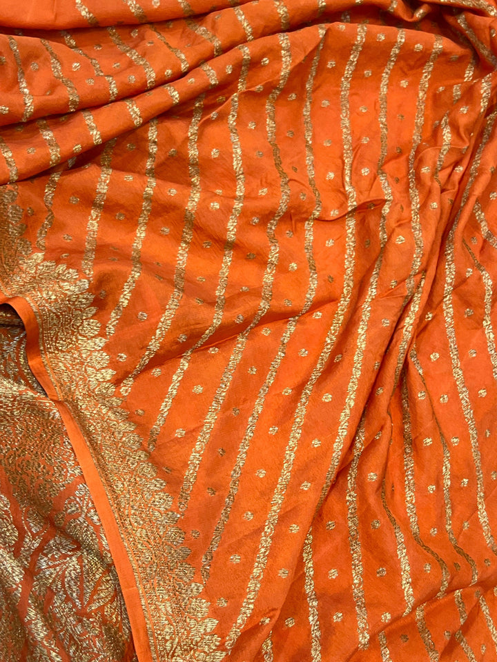 Orange Pure Banarasi Khaddi Crepe Silk Saree - Aura Benaras
