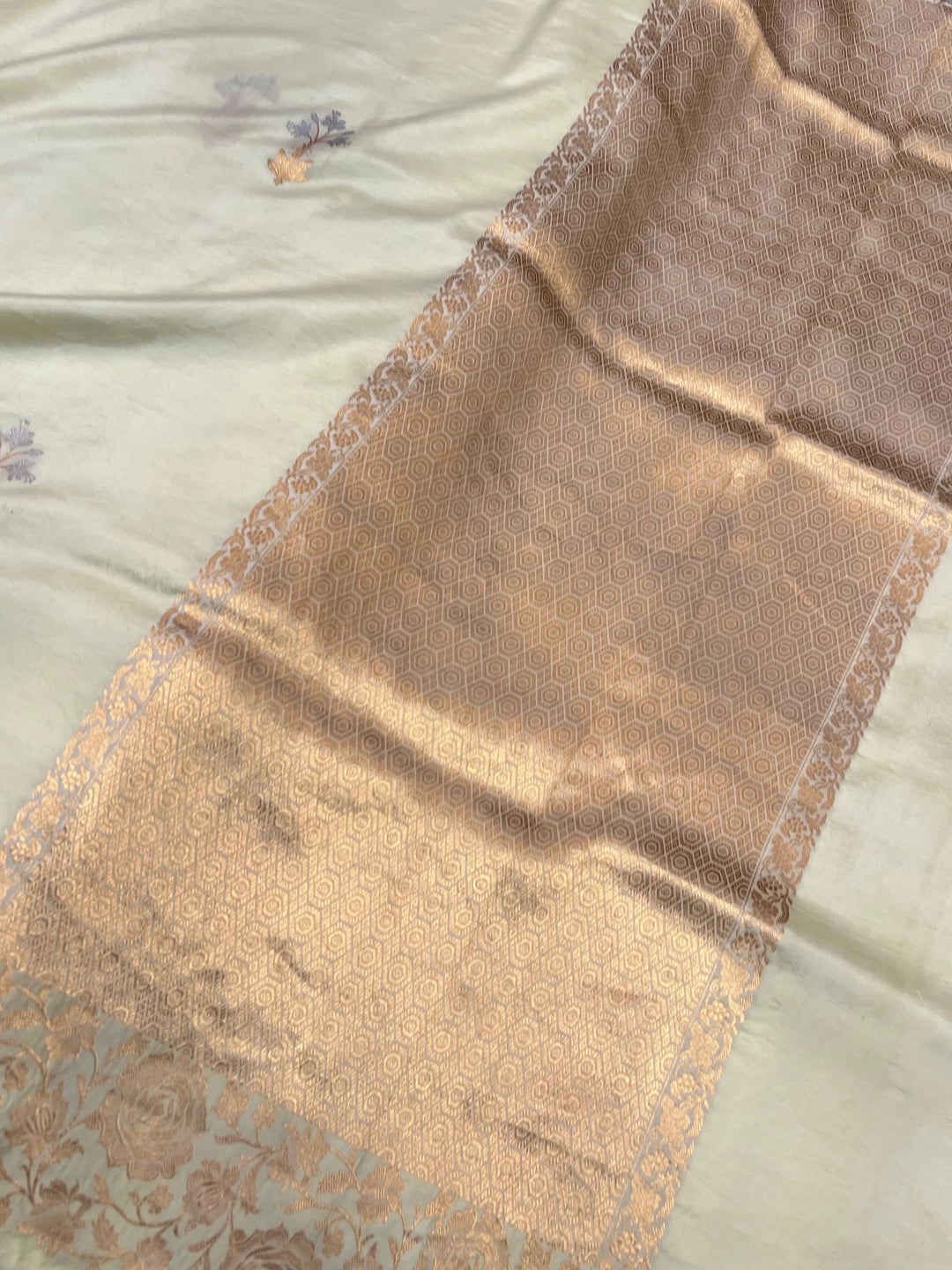 Cream Pure silk handloom Banarasi saree with golden Kadhwa floral motifs