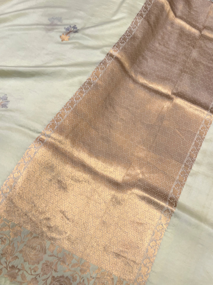 Cream Pure silk handloom Banarasi saree with golden Kadhwa floral motifs