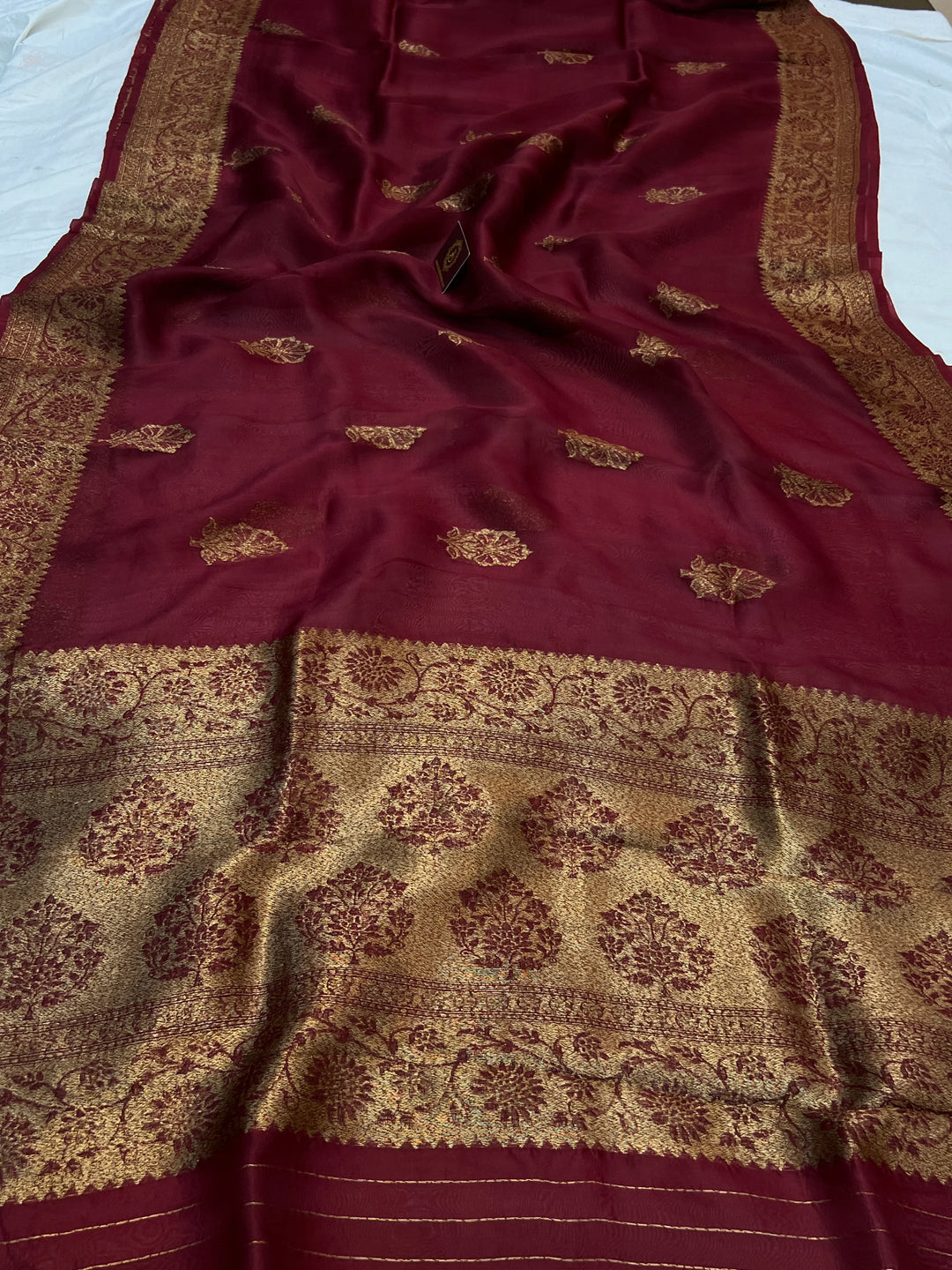 Maroon Pure Kora Silk Handloom Banarasi Saree