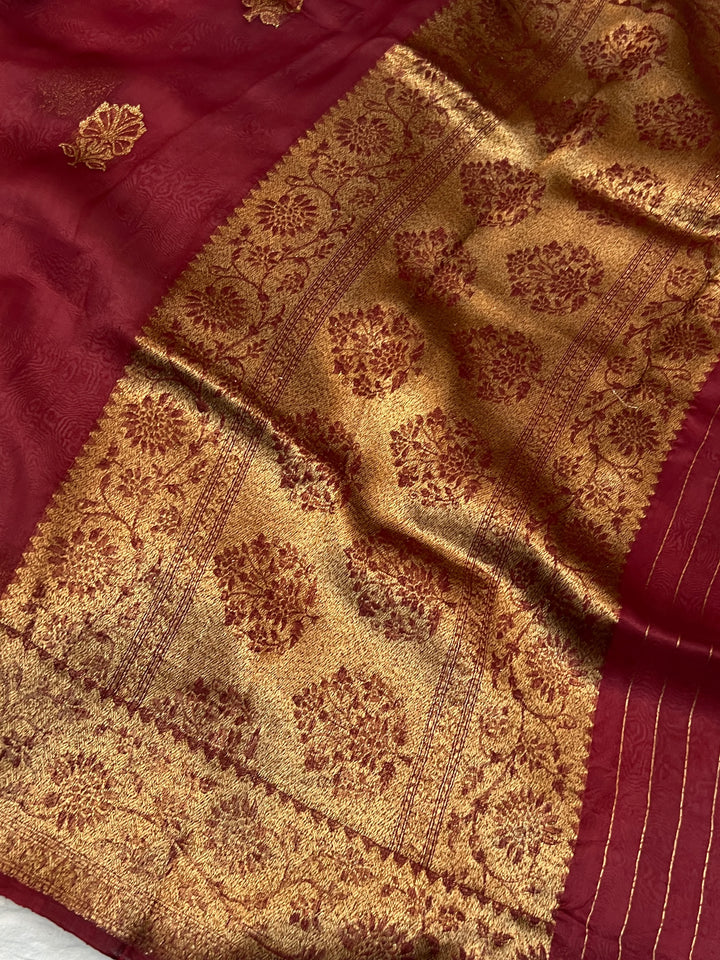 Maroon Pure Kora Silk Handloom Banarasi Saree