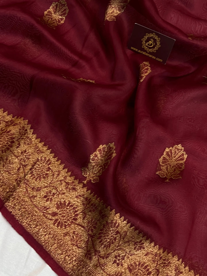 Maroon Pure Kora Silk Handloom Banarasi Saree
