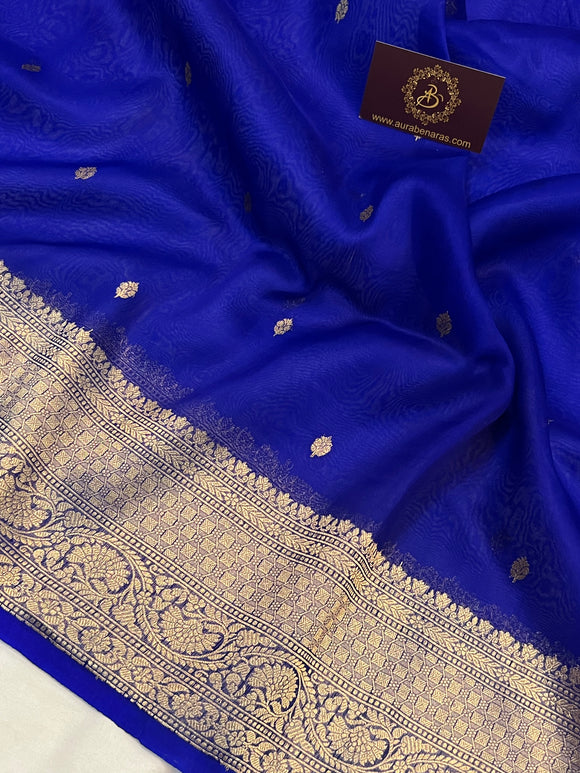 Royal Blue Banarasi Handloom Kora Silk Saree - Aura Benaras