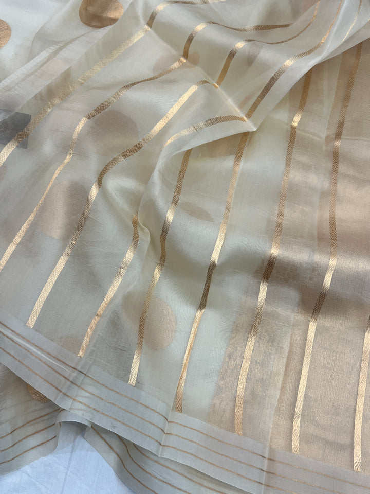 Cream Pure Banarasi Handloom Kora Silk Saree