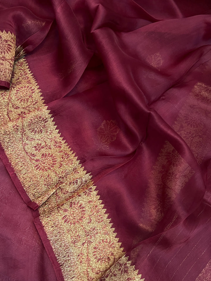 Maroon Pure Kora Silk Handloom Banarasi Saree