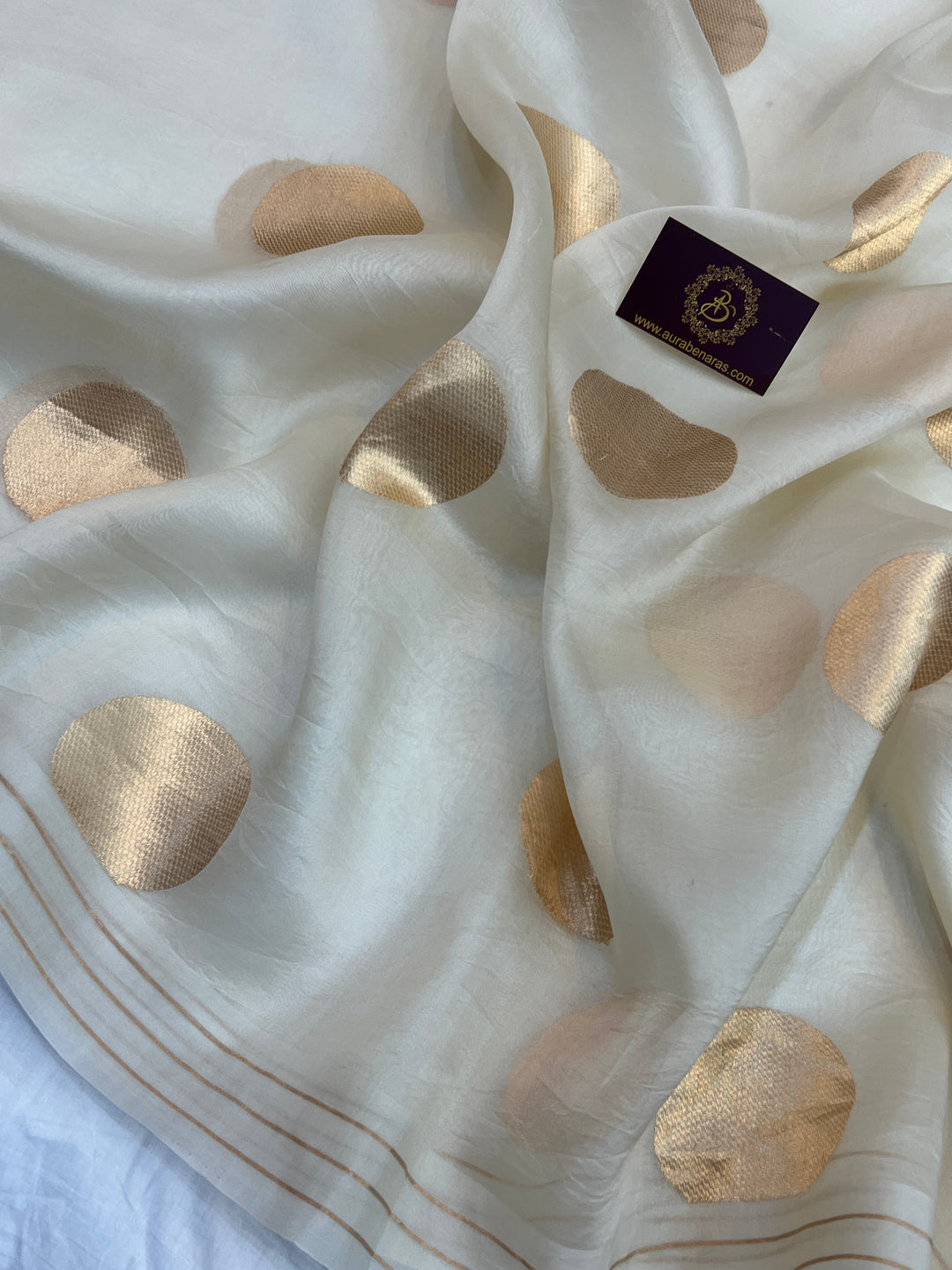 Cream Pure Banarasi Handloom Kora Silk Saree