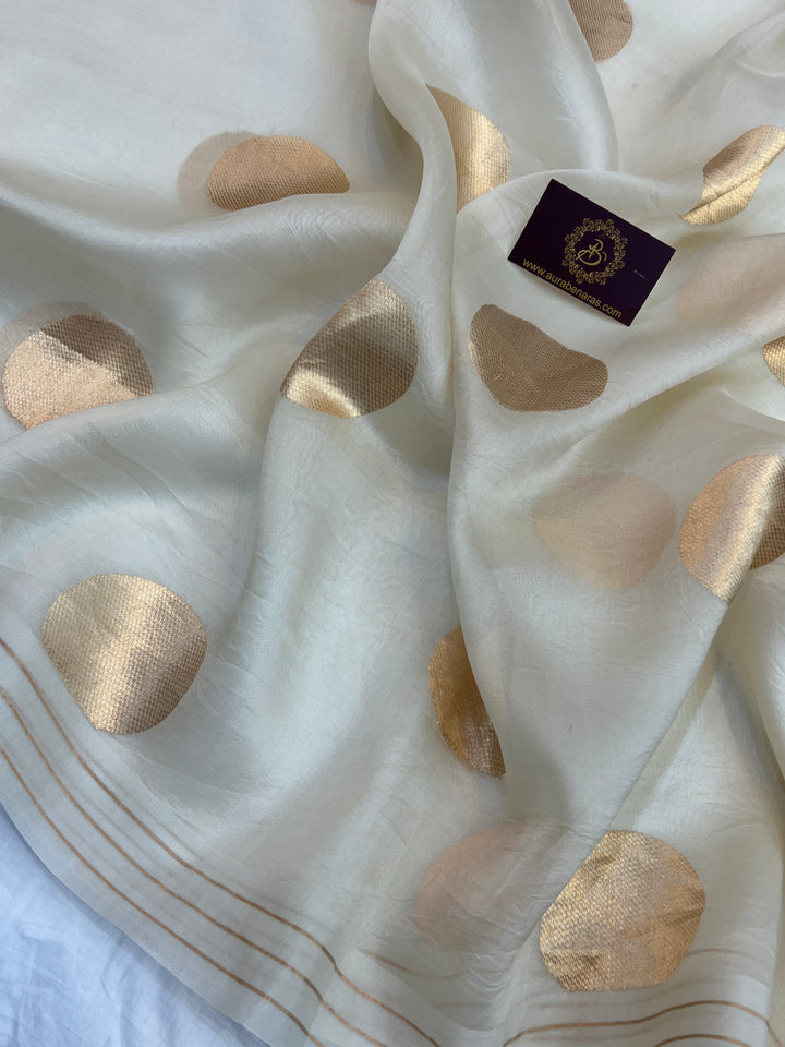 Cream Pure Banarasi Handloom Kora Silk Saree