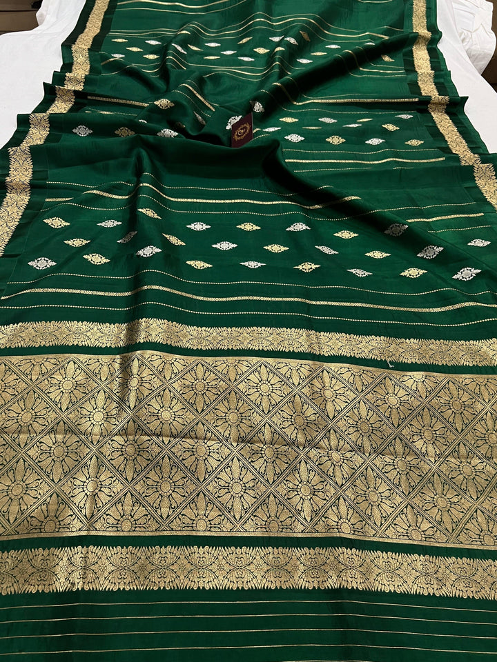 Bottle Green Pure Banarasi Handloom Silk Saree - Aura Benaras
