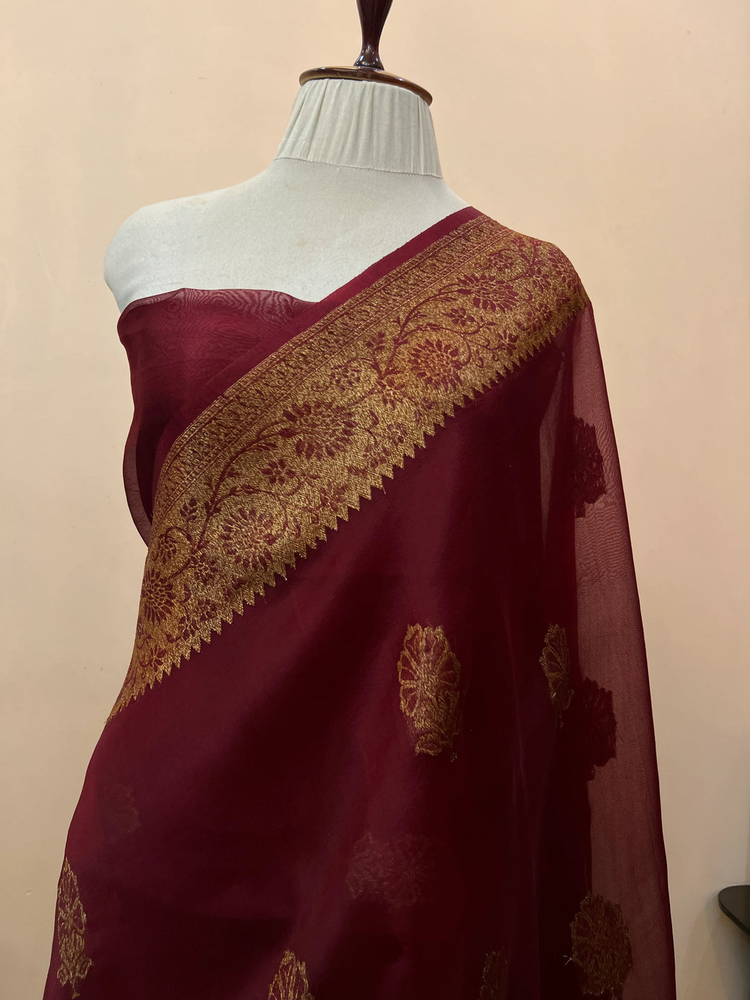 Maroon Pure Kora Silk Handloom Banarasi Saree