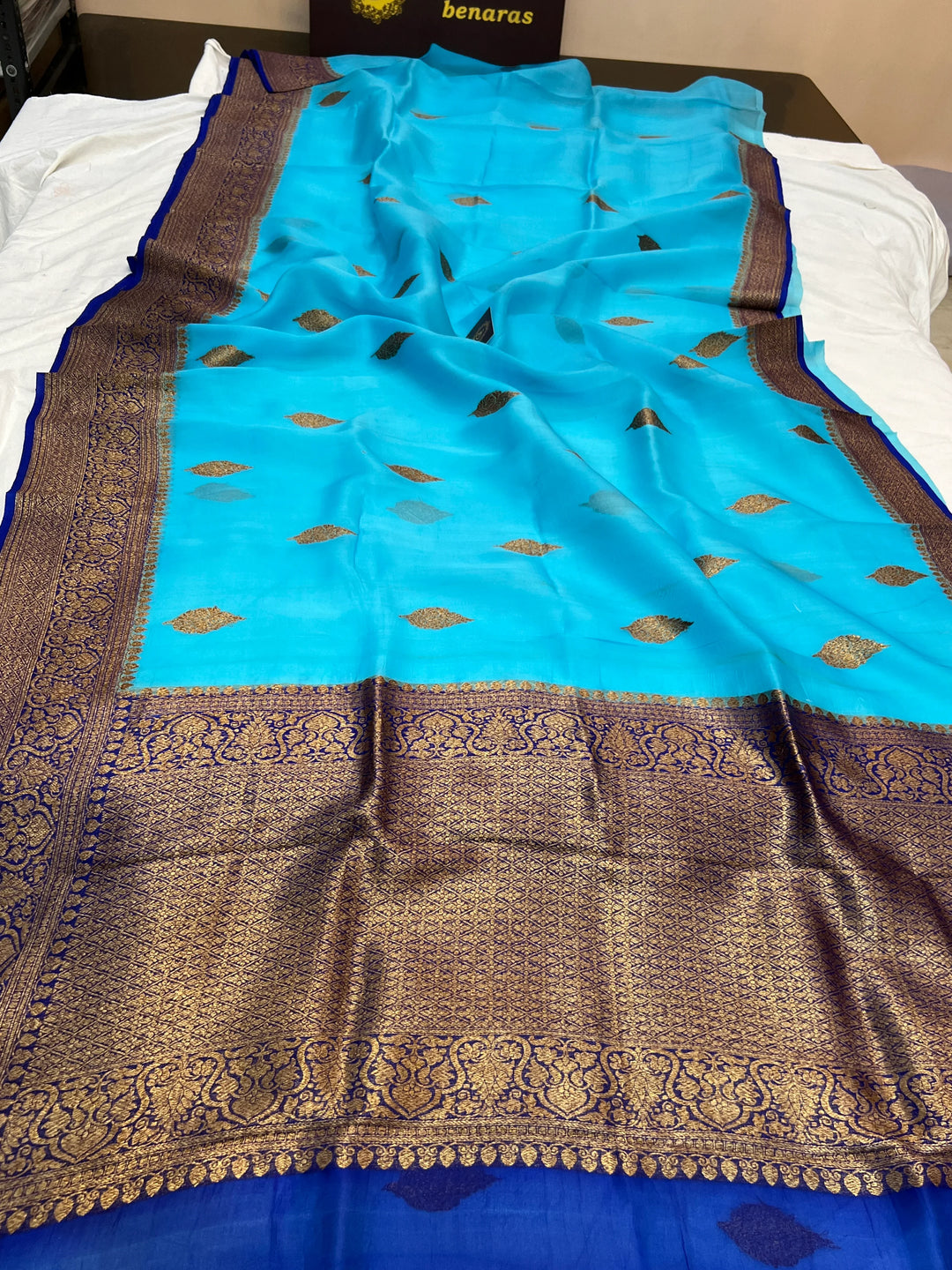 Sky Blue Pure Kora Silk Handloom Banarasi Saree