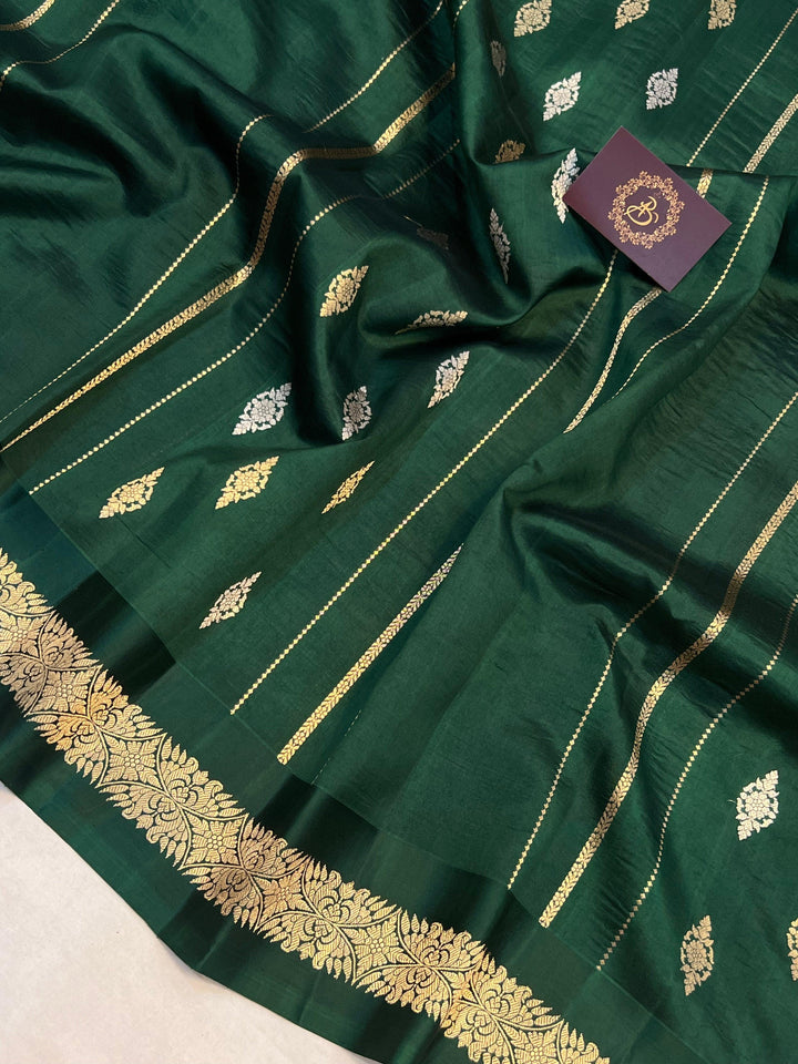 Bottle Green Pure Banarasi Handloom Silk Saree - Aura Benaras