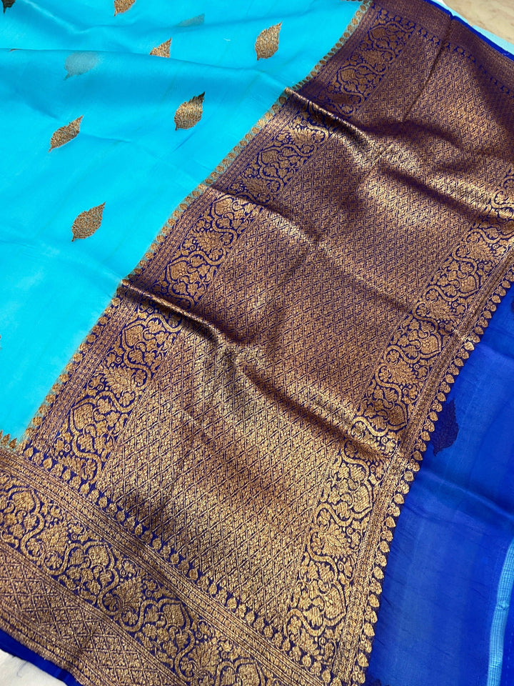 Sky Blue Pure Kora Silk Handloom Banarasi Saree